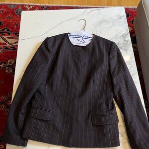 deep purple pin-striped tailored collarless lined 1990's Jaeger wool jacket